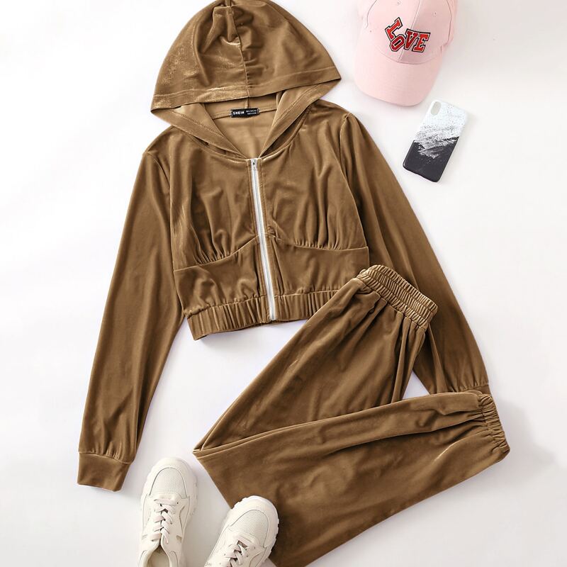 Velvet Zip Up Hoodie With Sweatpants, Mocha brown