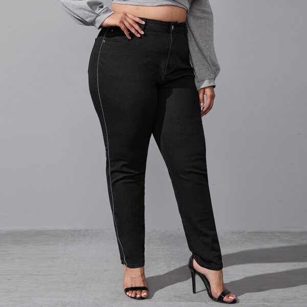 

Plus High Waist Rhinestone Side Skinny Jeans, Black