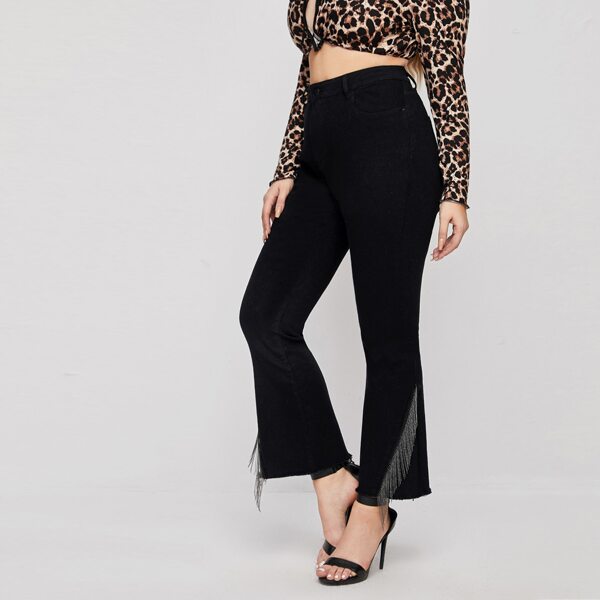 

Plus Raw Hem Fringe Flare Leg Jeans, Black