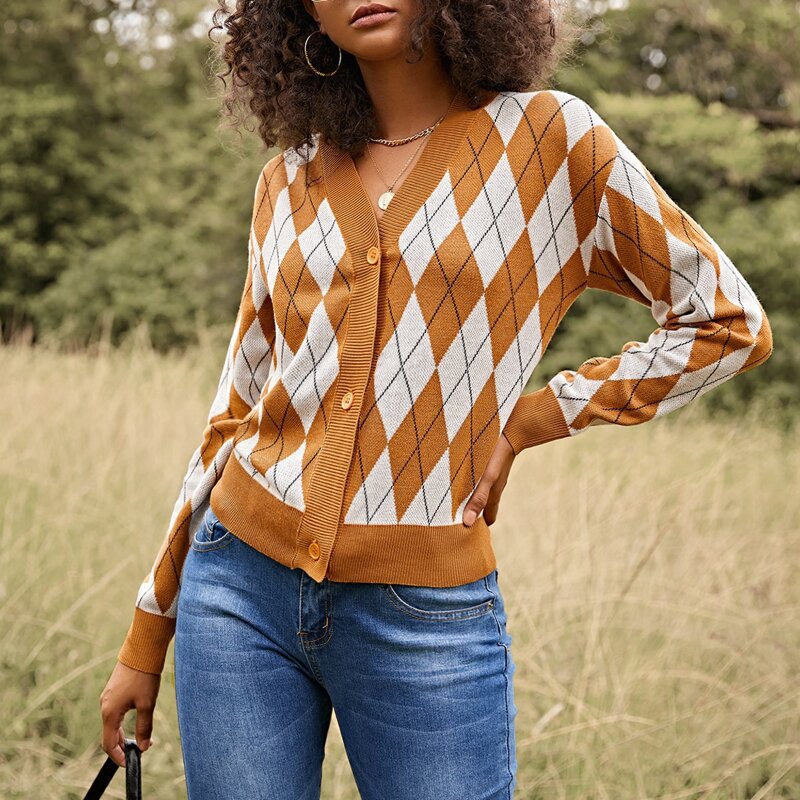 

Drop Shoulder Argyle Pattern Cardigan, Multicolor