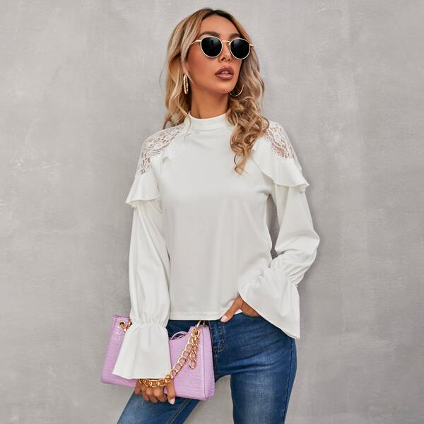 

Keyhole Back Lace Insert Bell Sleeve Top, Beige