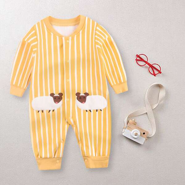 

Baby Boy Cartoon & Stripe Print Jumpsuit, Yellow