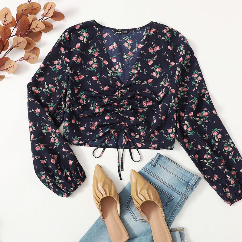 

Drawstring Front Lantern Sleeve Floral Top, Multicolor