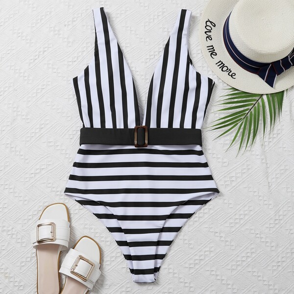 

Striped Belted Plunging One Piece Swimsuit, Black and white