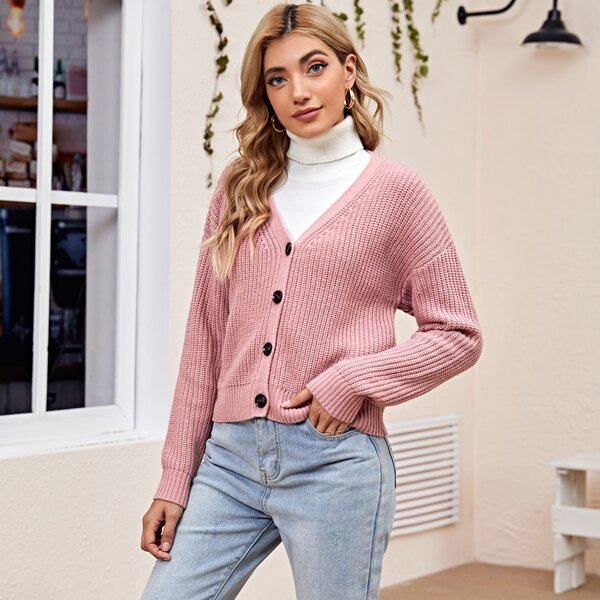 

Button Front Drop Shoulder Cardigan, Dusty pink