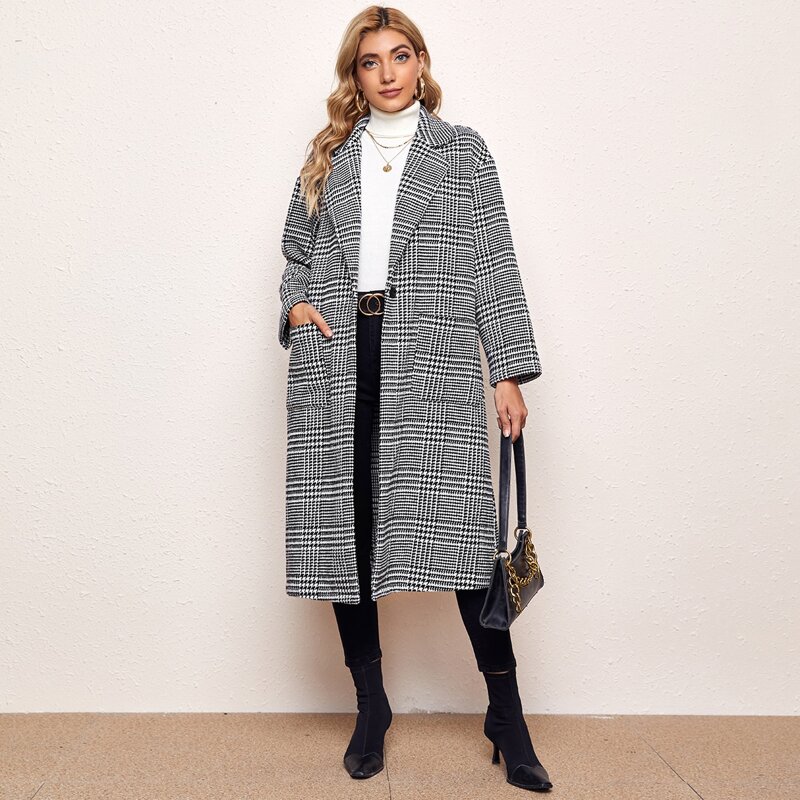

Houndstooth Drop Shoulder Open Front Overcoat, Black and white