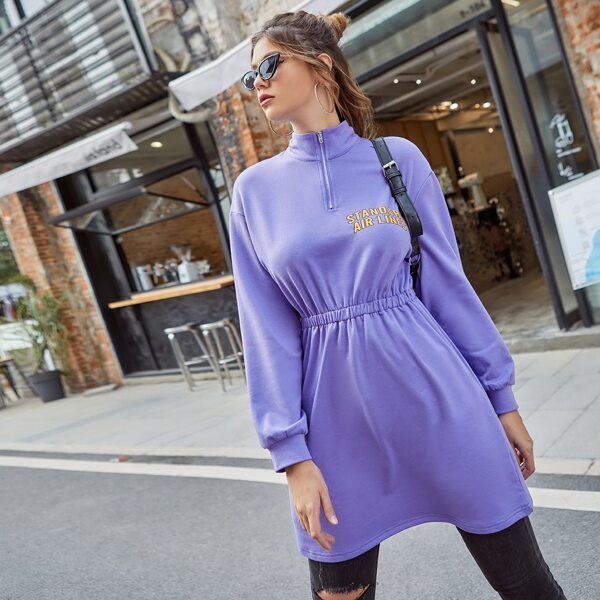 

Letter Graphic Quarter Zipper Blouson Sweatshirt, Violet purple