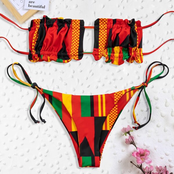 

Geo Print Frill Bandeau Tie Side Bikini Swimsuit, Multicolor