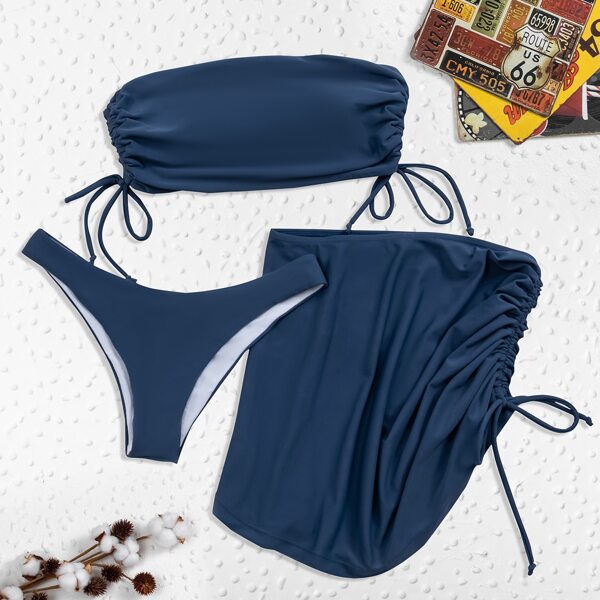 

3pack Drawstring Side Bandeau Bikini Swimsuit, Navy blue