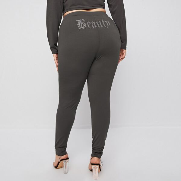 

Plus Rhinestone Letter Graphic Leggings, Dark grey