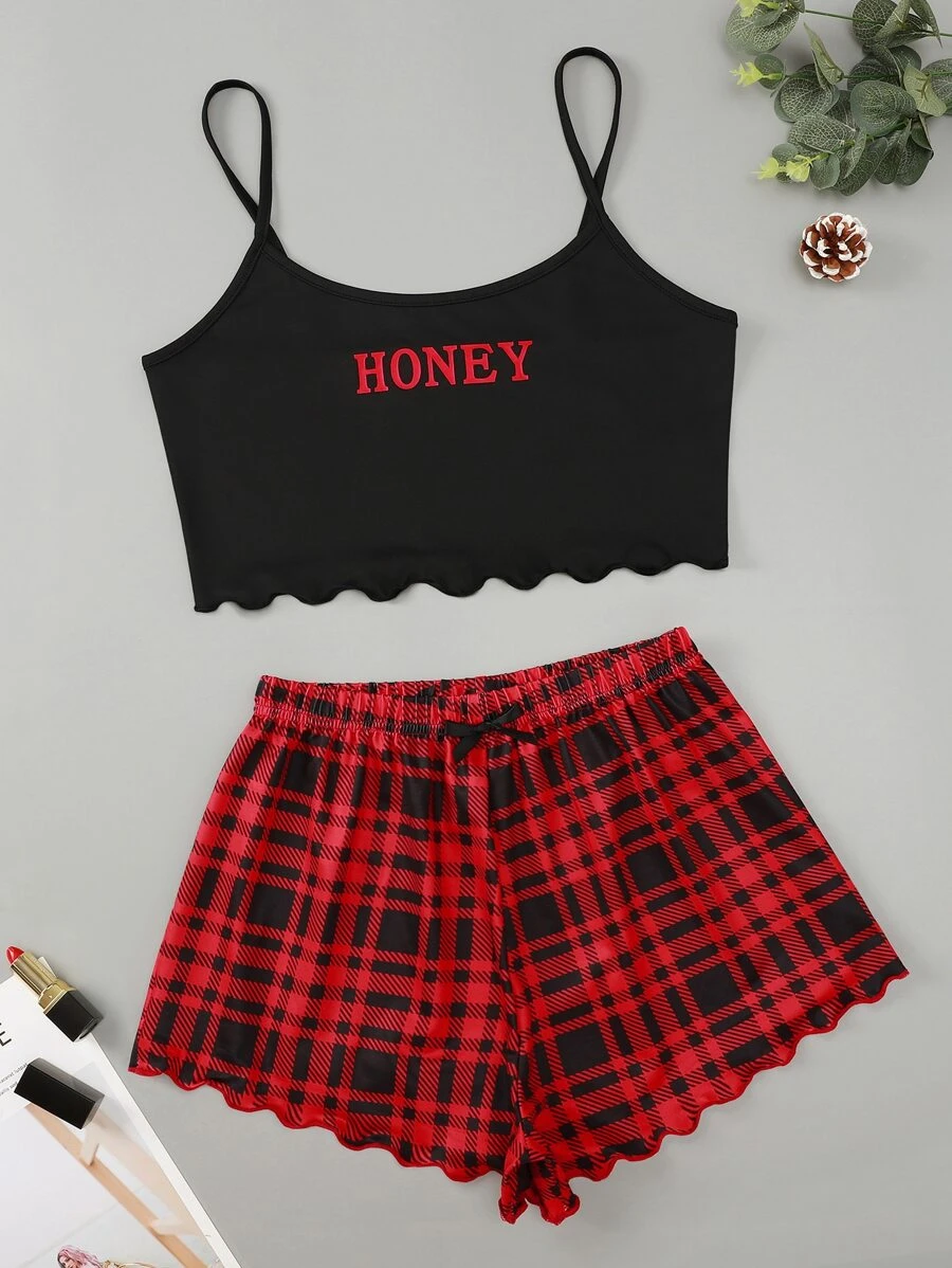 Scallop Letter Graphic Cami Top & Plaid Shorts PJ Set - Multicolor - View 1