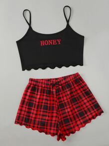 Scallop Letter Graphic Cami Top & Plaid Shorts PJ Set - Multicolor - View 4