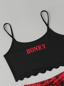 Scallop Letter Graphic Cami Top & Plaid Shorts PJ Set - Multicolor - View 5