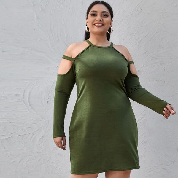 

Plus Open Shoulder Fitted Tee Dress, Army green