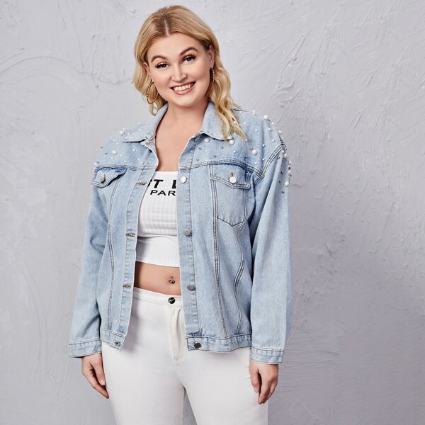 

Plus Pearls Beaded Flap Pocket Denim Jacket, Light wash