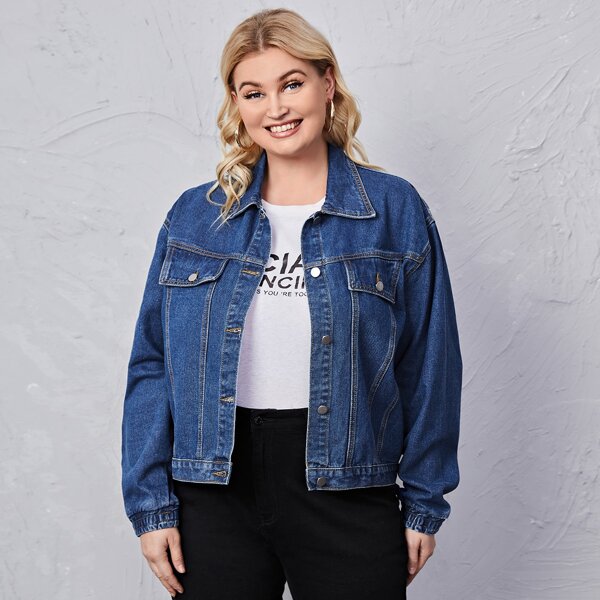 

Plus Drop Shoulder Button Front Denim Jacket, Medium wash
