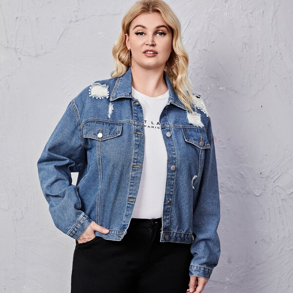 

Plus Ripped Pearls Drop Shoulder Denim Jacket, Medium wash