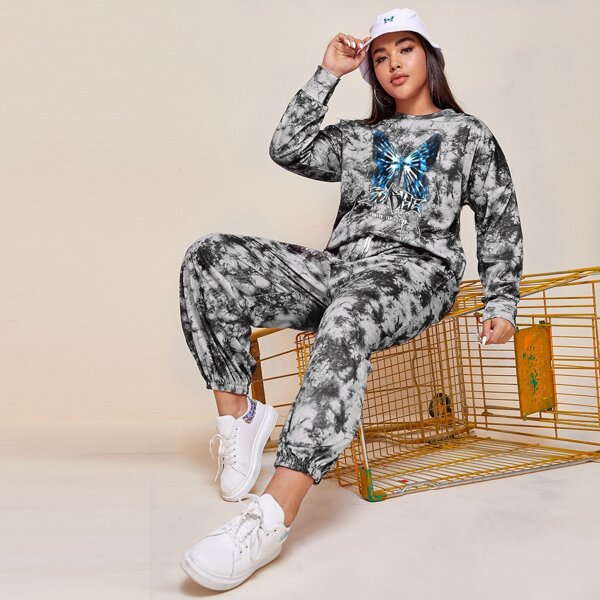 

Plus Tie Dye Butterfly Print Sweatshirt & Sweatpants Set, Multicolor