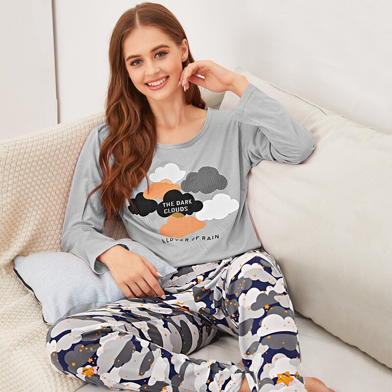 

Letter & Cloud Print PJ Set, Multicolor