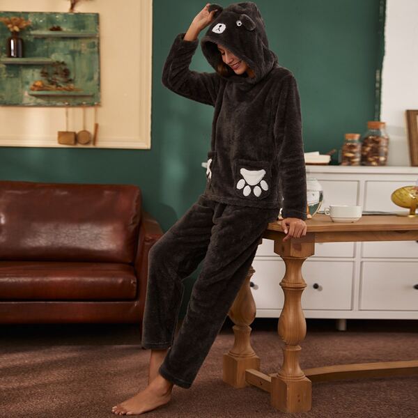 

3D Ear Design Cartoon Pattern Flannel PJ Set, Chocolate brown