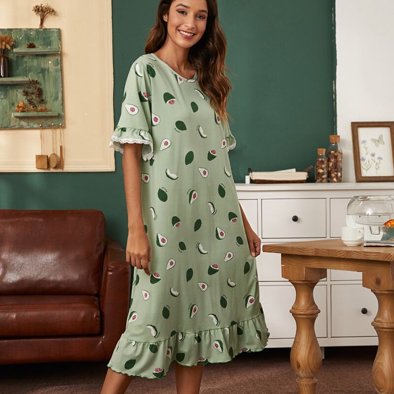 

Lace Panel Ruffle Hem Avocado Print Night Dress, Mint green