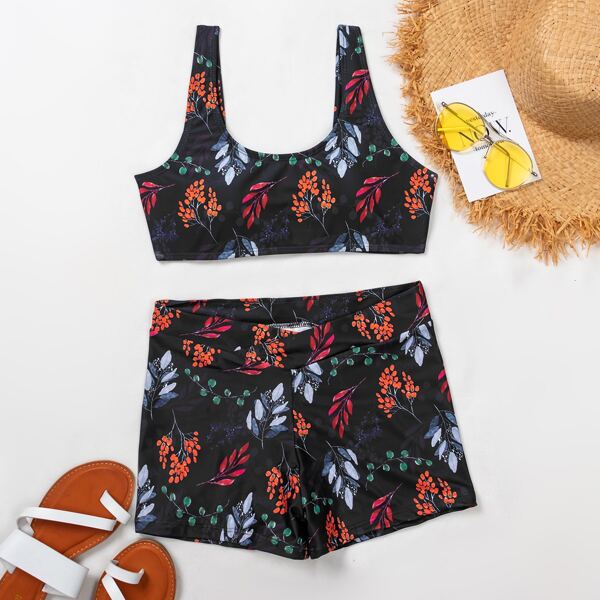 

Leaf Print Shorts Bikini Swimsuit, Multicolor
