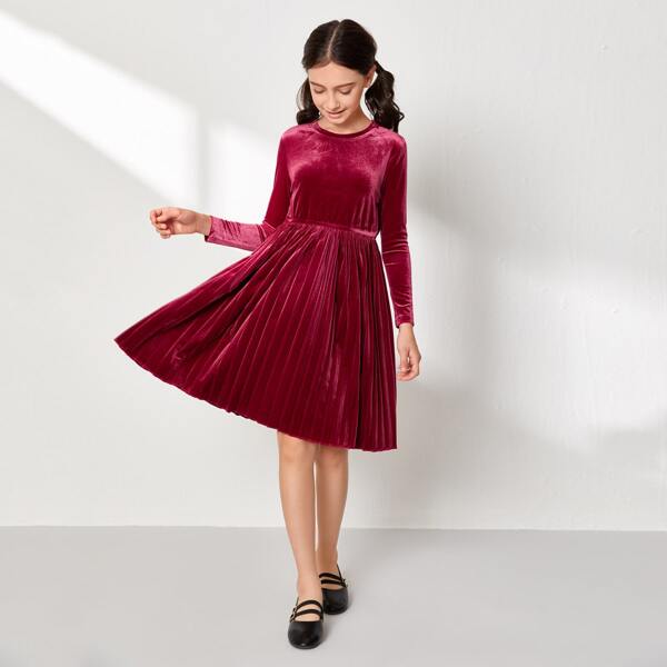 

Girls Solid Pleated Hem Velvet Dress, Burgundy