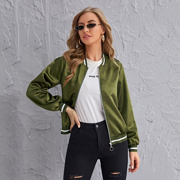 

Zip Up Contrast Striped Bomber Jacket, Army green