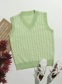 SHEIN Qutie v領千鳥格圖案毛衣背心 - 薄荷綠 - 查看 1