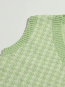 SHEIN Qutie v領千鳥格圖案毛衣背心 - 薄荷綠 - 查看 4