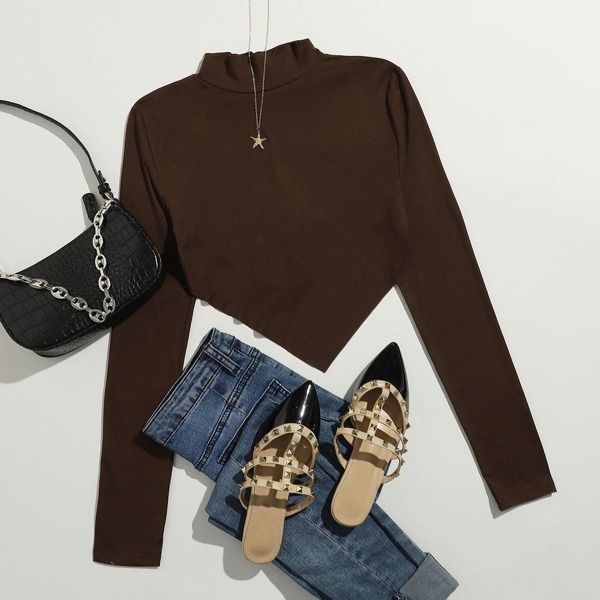 

Mock Neck Tied Backless Tee, Chocolate brown