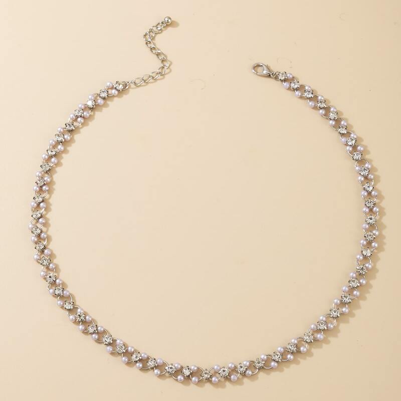 

Rhinestone & Faux Pearl Choker, Silver