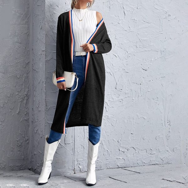 

Striped Detail Longline Cardigan, Black