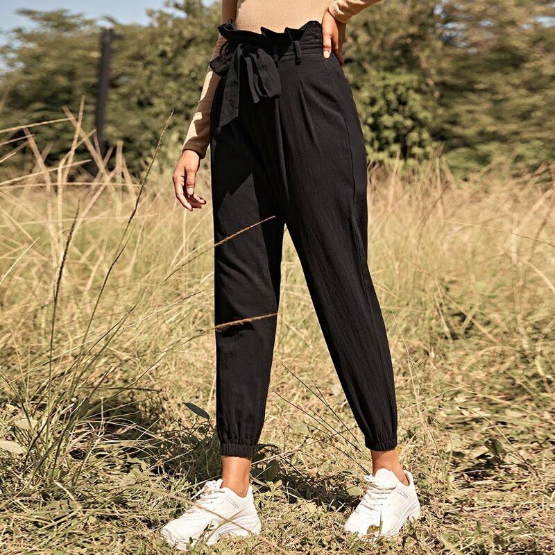 

Zipper Detail Paperbag Waist Belted Pants, Black