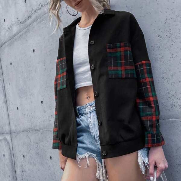 

Tartan Plaid Drop Shoulder Jacket, Black