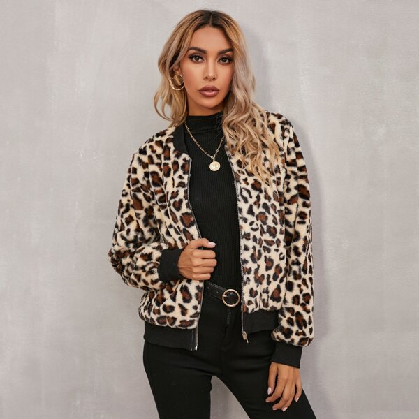 

Leopard Pattern Zip Up Teddy Bomber Jacket, Multicolor
