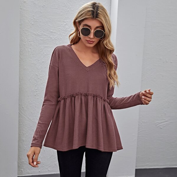 

Drop Shoulder Ruffle Hem Waffle Knit Tee, Redwood