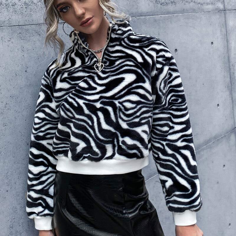 

Quarter Zip Zebra Stripe Flannel Sweatshirt, Black and white