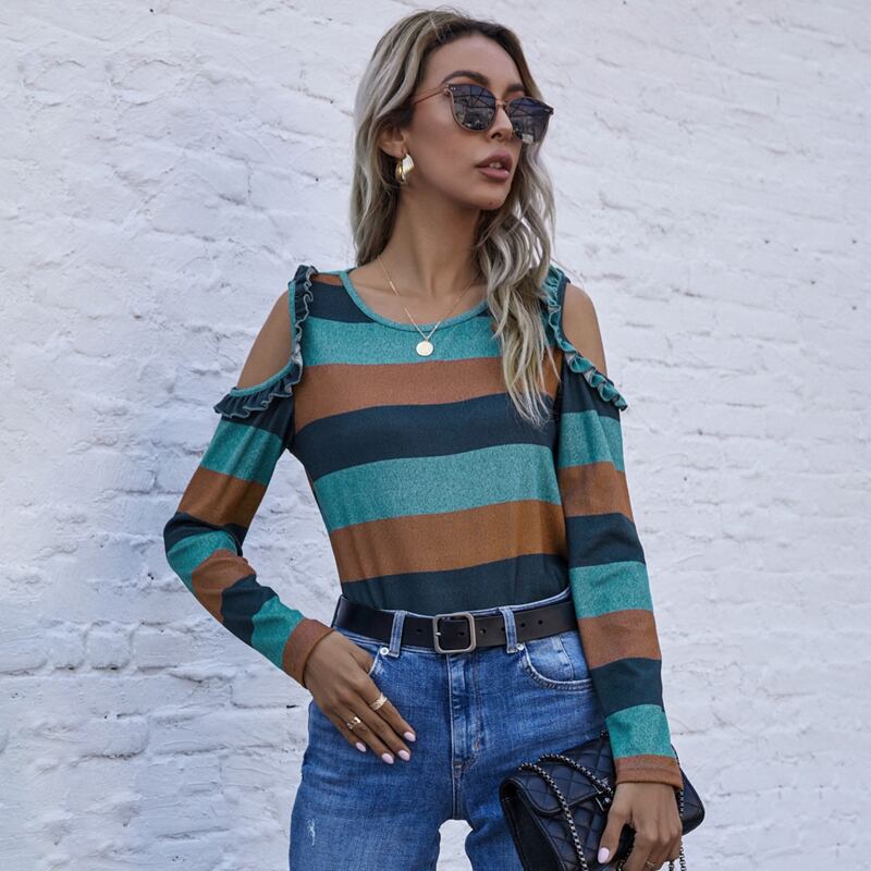 

Colorblock Cold Shoulder Frill Trim Tee, Multicolor