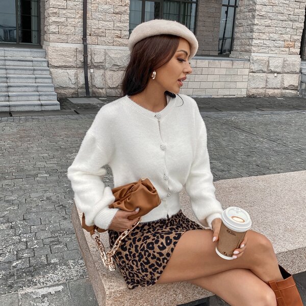

Button Up Drop Shoulder Fuzzy Cardigan, White