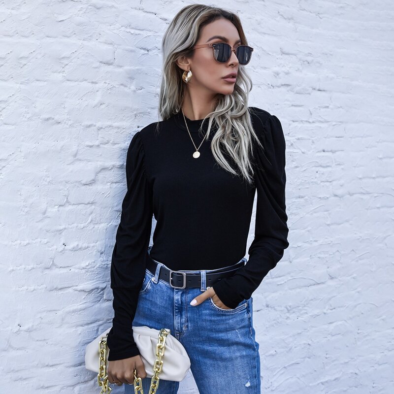 

Solid Puff Sleeve Ribbed Tee, Black