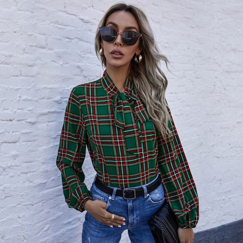 

Tartan Plaid Tie Neck Blouse, Multicolor