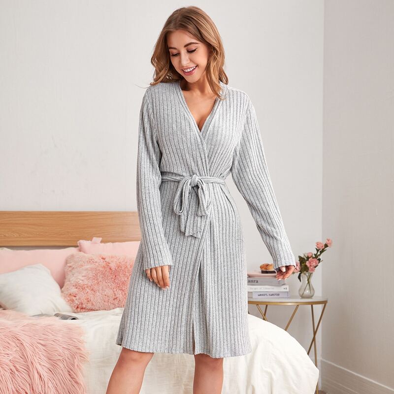 

Solid Belted Ribbed Lounge Robe, Light grey