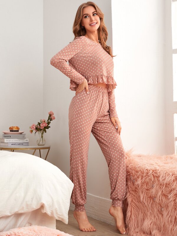 Polka Dot Ruffle Hem Top & Pants Pajama Set SHEIN USA