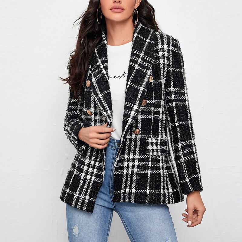 

Shawl Collar Buttoned Front Tweed Blazer, Black
