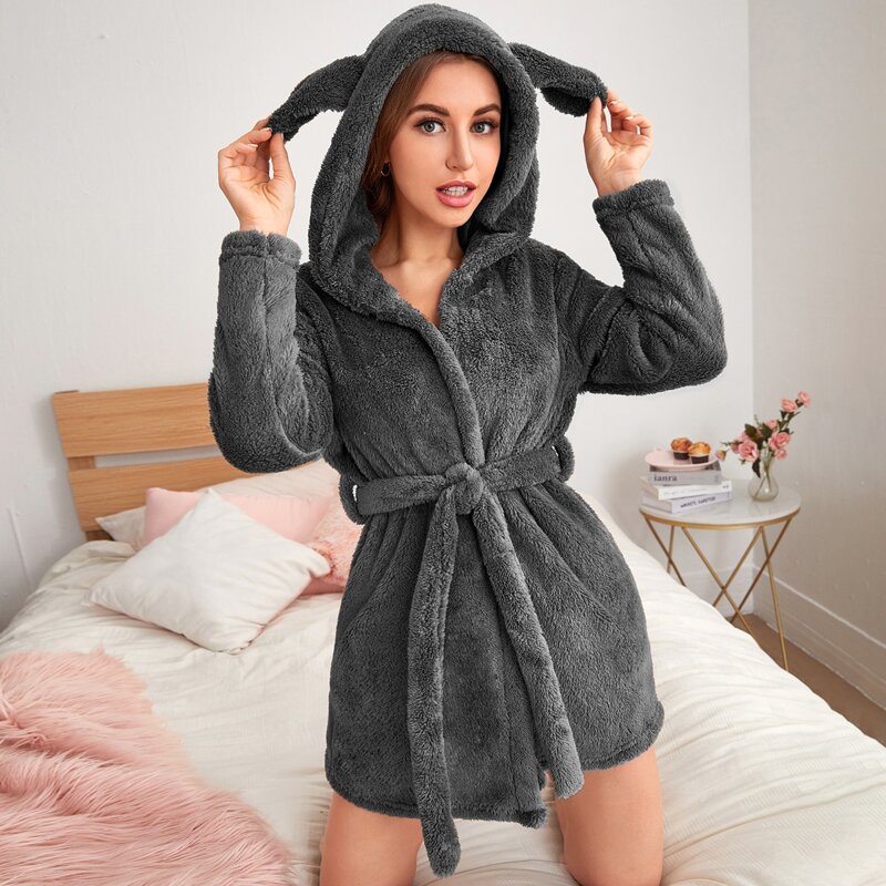 

3D Ear Patched Belted Flannel Robe, Dark grey