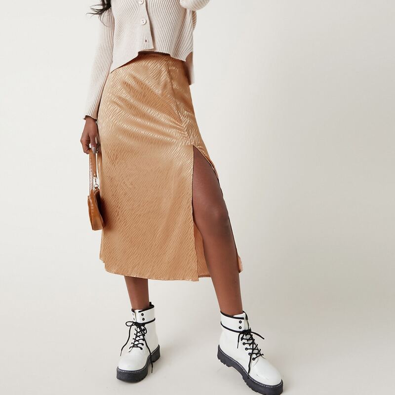 

Split Thigh Jacquard Satin Skirt, Apricot