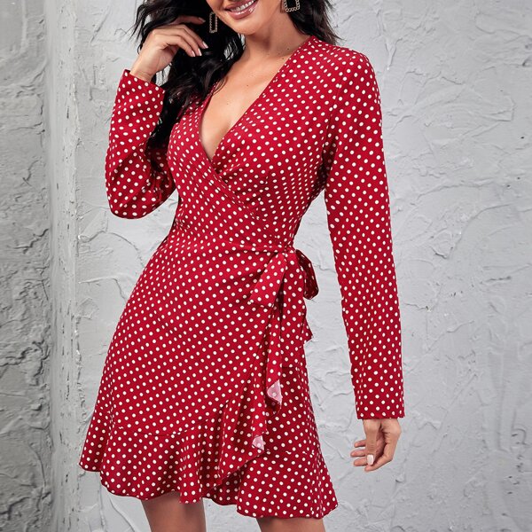 

Surplice Neck Knot Ruffle Hem Polka Dot Dress, Red and white