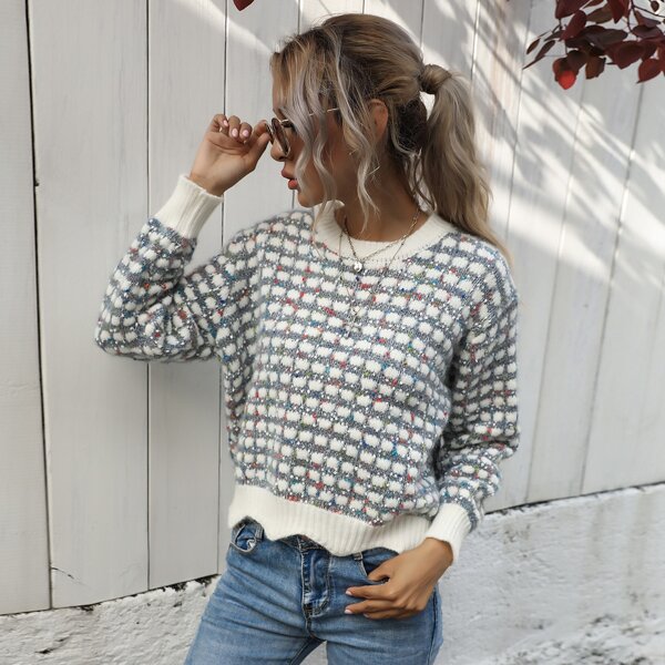 

Gingham Wave Edge Drop Shoulder Sweater, Multicolor