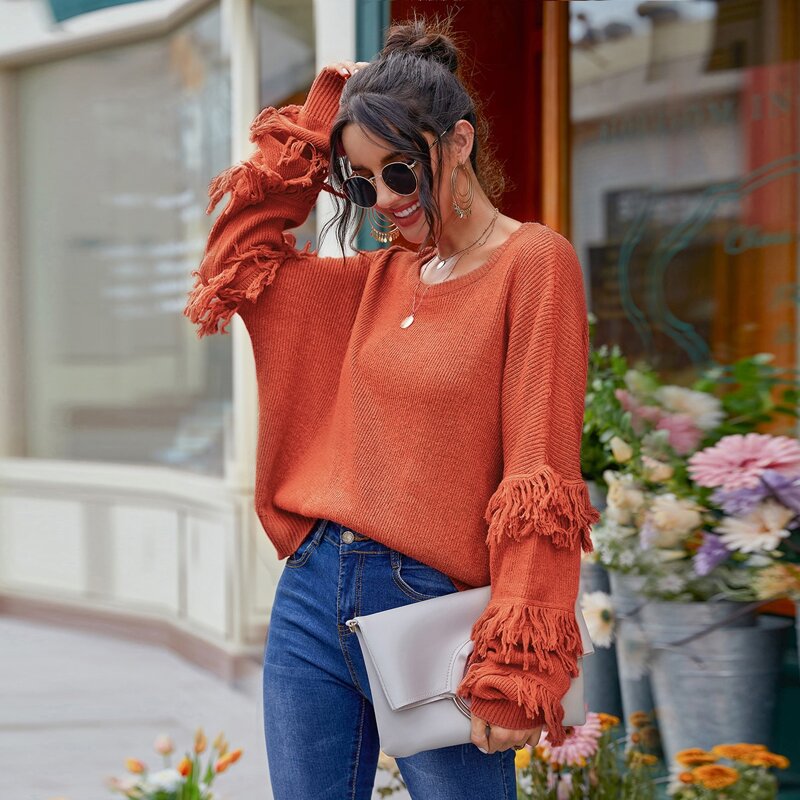 

Batwing Sleeve Fringe Detail Sweater, Burnt orange